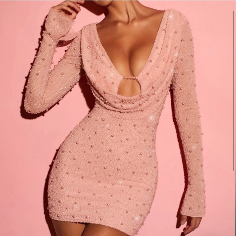Long sleeve deep plunge mini dress -Rose